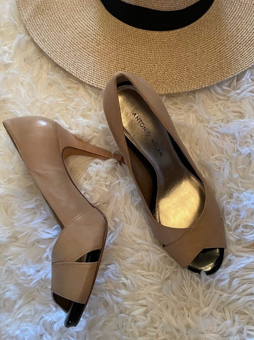 Antonio Melani Nude Leather Criss-Cross Peep Toe Stiletto Pumps Size 7.5M